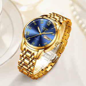 LIGE Gold Men Watch Waterproof Stainless Steel with date week Quartz Watches Men's Luxury Business Dress Clock