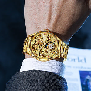 OUPINKE Real Tourbillon Mechanical Skeleton Watch Gold Sapphire glass Watches Rotary  Hand Wind Wristwatch Man Clocks 3176G