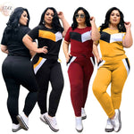 Load image into Gallery viewer, Plus Size 2 Piece Set Women Tracksuits Patchwork Crop Top Short Sleeve Leggings Jogger Sport Suit Stretch
