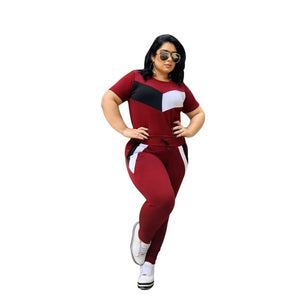 Plus Size 2 Piece Set Women Tracksuits Patchwork Crop Top Short Sleeve Leggings Jogger Sport Suit Stretch