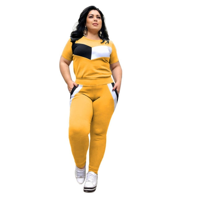 Plus Size 2 Piece Set Women Tracksuits Patchwork Crop Top Short Sleeve Leggings Jogger Sport Suit Stretch