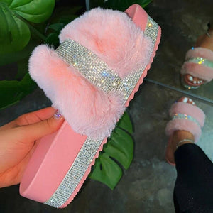 Luxury Designer Women Fur Rhinestone Slippers Platform Wedges Heel Solid Fluffy Furry Slides Outside Shoes