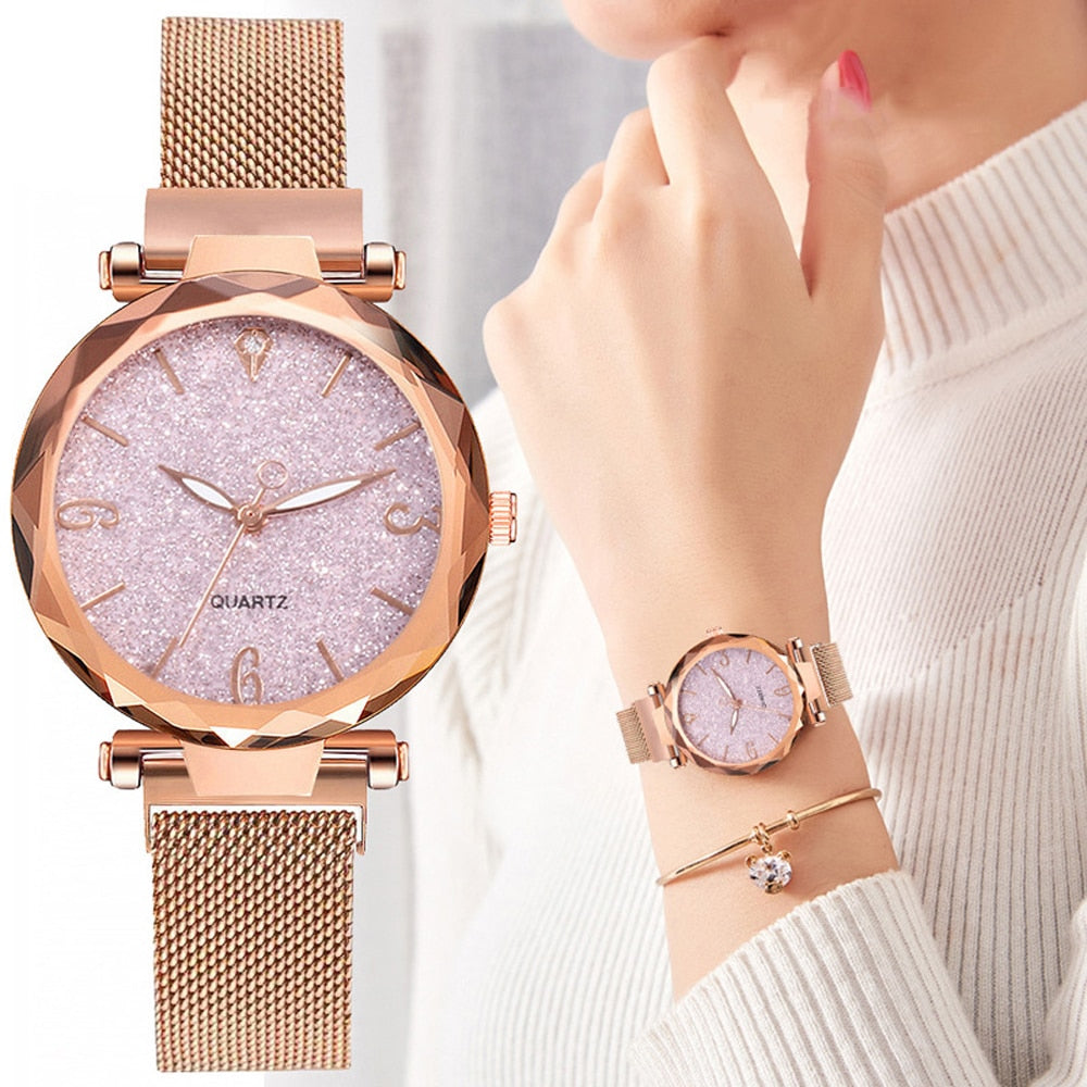 Rose Gold Women Watch Top Brand Luxury Magnetic Starry Sky Lady Wrist Watch Mesh Female Clock