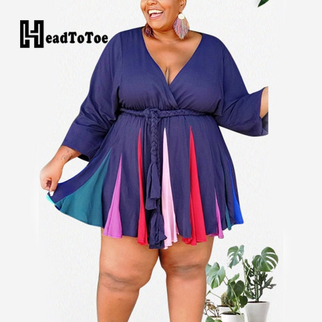 Tie Dye Print Colorblock Belted Casual Fit Flare Dress Women Long Sleeve V Neck Above Knee Knotted Autumn Dress