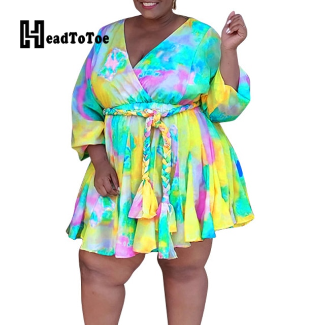 Tie Dye Print Colorblock Belted Casual Fit Flare Dress Women Long Sleeve V Neck Above Knee Knotted Autumn Dress