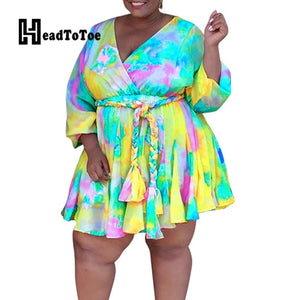 Tie Dye Print Colorblock Belted Casual Fit Flare Dress Women Long Sleeve V Neck Above Knee Knotted Autumn Dress