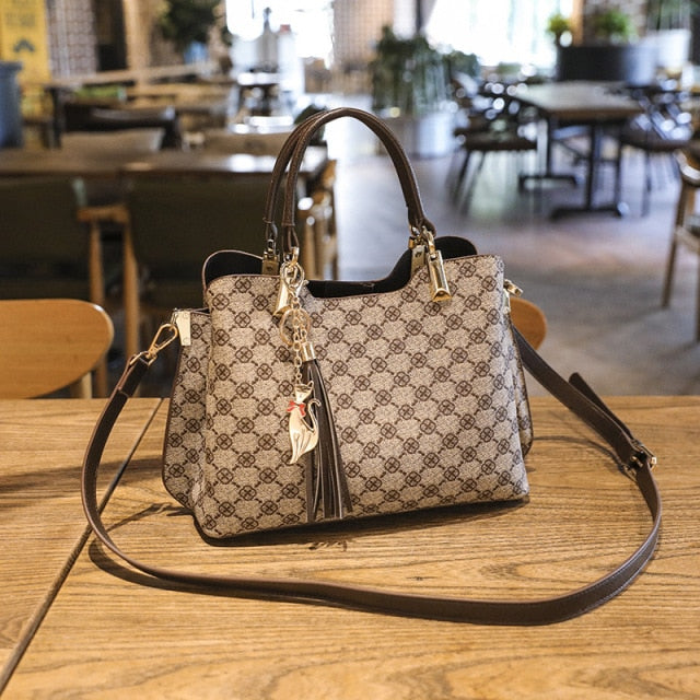 Women Luxury Designer Crossbody Leather Vintage Fashion Ladies Plaid Big Handbags