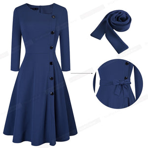 Solid Color with Button Retro Elegant Dresses Party Flare Swing Women Dress