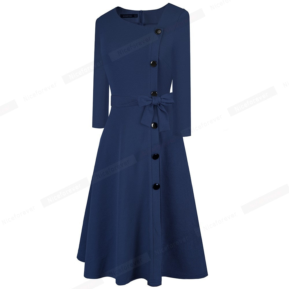 Solid Color with Button Retro Elegant Dresses Party Flare Swing Women Dress
