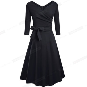 New Spring Pure Color with Sash Retro Dresses Cocktail Party Flare Swing Women Dress