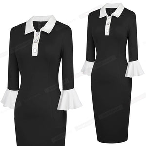 Vintage Contrast Color Patchwork Elegant Dresses Business Office Bodycon Slim Women Dress