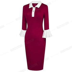 Vintage Contrast Color Patchwork Elegant Dresses Business Office Bodycon Slim Women Dress