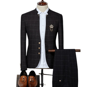 Fashion Stand Collar Men's Plaid Suit Set English Slim Party Dress Groomsman Suit High End  (Blazer+ Pants)