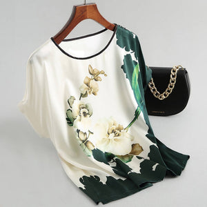 Fashion Floral Print Blouse Pullover Ladies Silk Satin Blouses  Batwing Sleeve Vintage Print Casual Short Sleeve Tops
