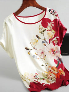 Fashion Floral Print Blouse Pullover Ladies Silk Satin Blouses  Batwing Sleeve Vintage Print Casual Short Sleeve Tops