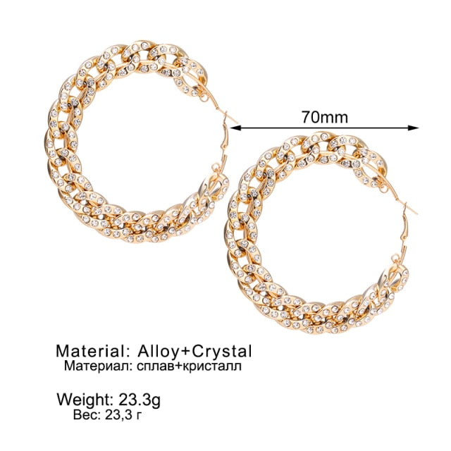 Women Crystal Oversize Big Chain Hoop Earrings Geometric Circle Gold Silver Color Mixed Earring Jewelry