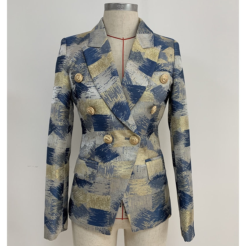 Women's Lion Buttons Double Breasted Color Block Jacquard Blazer Jacket Outer Wear
