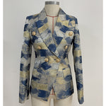Load image into Gallery viewer, Women&#39;s Lion Buttons Double Breasted Color Block Jacquard Blazer Jacket Outer Wear
