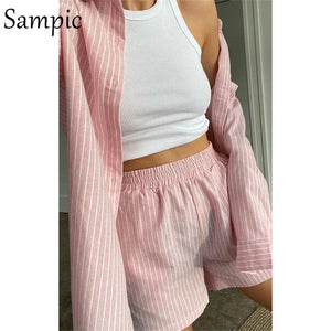 Sampic Loung Wear Tracksuit Women Shorts Set Stripe Long Sleeve Shirt Tops And Loose High Waisted Mini Shorts Two Piece Set