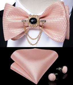 Pink Plaid Solid Men's Self Tie Bow Tie Silk Jacquard Woven Wedding Party Bowtie Hanky Brooch Set Men Butterfly Necktie