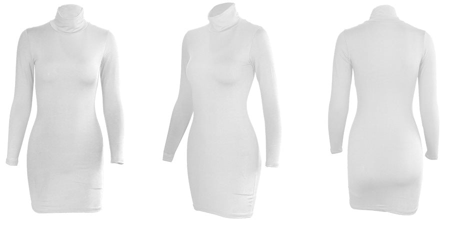 Basic White Turtleneck Long Sleeve Slim Package Hips Mini Short Women Sexy Bodycon Party Dress