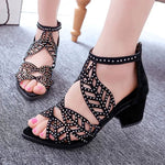 Load image into Gallery viewer, Women Hollow Out Faux Leather Rhinestones Thick Heel Zipper Sandals Shoes

