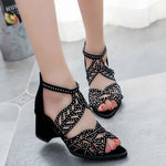Load image into Gallery viewer, Women Hollow Out Faux Leather Rhinestones Thick Heel Zipper Sandals Shoes
