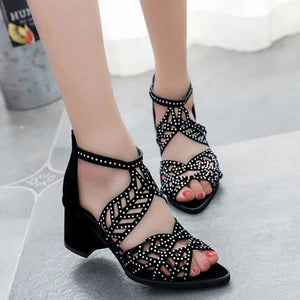 Women Hollow Out Faux Leather Rhinestones Thick Heel Zipper Sandals Shoes