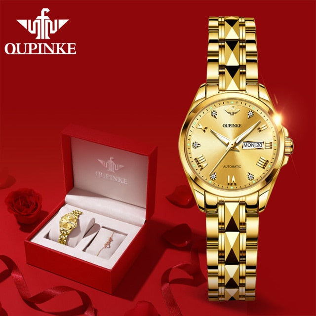 HGM OUPINKE Gold Watch Women's watches Luxury Brand Women Mechanical Watch Sapphire Glass Ladies Automatic Wrist Watch