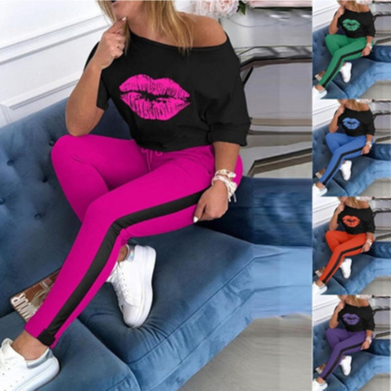 Women lips print two piece set off shoulder tee- top pencil jogger sweatpants suit sporting tracksuit overalls