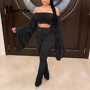 Pleated Flare Long Sleeve Off Shoulder Slash Neck Crop Tops and High Waist Stacked Skinny Pants Set Women Sexy 2 Piece Outfits