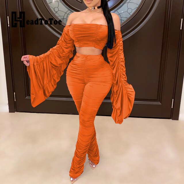 Pleated Flare Long Sleeve Off Shoulder Slash Neck Crop Tops and High Waist Stacked Skinny Pants Set Women Sexy 2 Piece Outfits