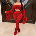 Load image into Gallery viewer, Pleated Flare Long Sleeve Off Shoulder Slash Neck Crop Tops and High Waist Stacked Skinny Pants Set Women Sexy 2 Piece Outfits
