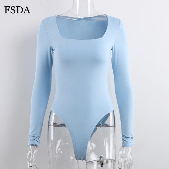 Long Sleeve Knitted Skinny Bodysuit Women Solid Square Collar Casual Body Top Jumpsuit