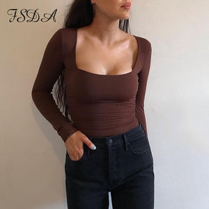 Long Sleeve Knitted Skinny Bodysuit Women Solid Square Collar Casual Body Top Jumpsuit