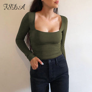 Long Sleeve Knitted Skinny Bodysuit Women Solid Square Collar Casual Body Top Jumpsuit