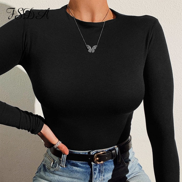Long Sleeve Knitted Skinny Bodysuit Women Solid Square Collar Casual Body Top Jumpsuit