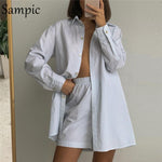 Load image into Gallery viewer, Sampic Loung Wear Tracksuit Women Shorts Set Stripe Long Sleeve Shirt Tops And Loose High Waisted Mini Shorts Two Piece Set
