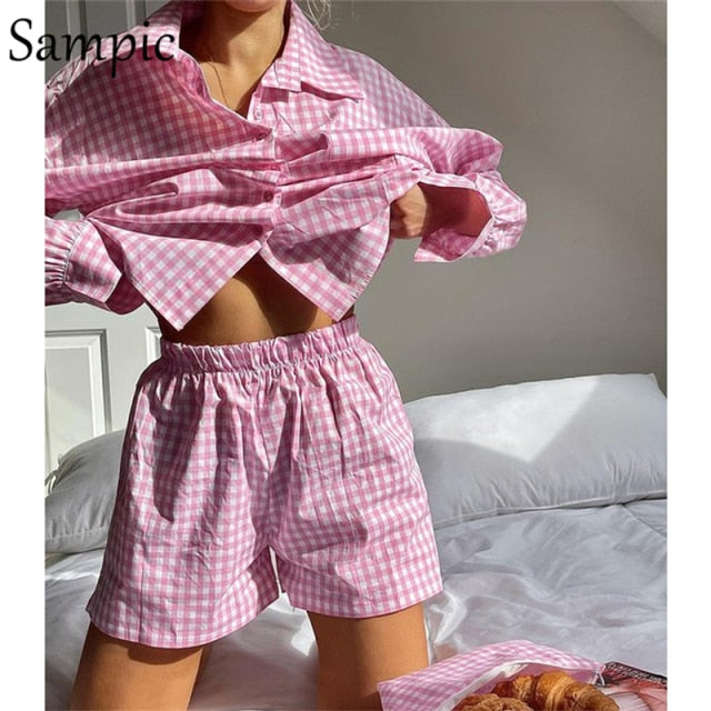 Sampic Loung Wear Tracksuit Women Shorts Set Stripe Long Sleeve Shirt Tops And Loose High Waisted Mini Shorts Two Piece Set
