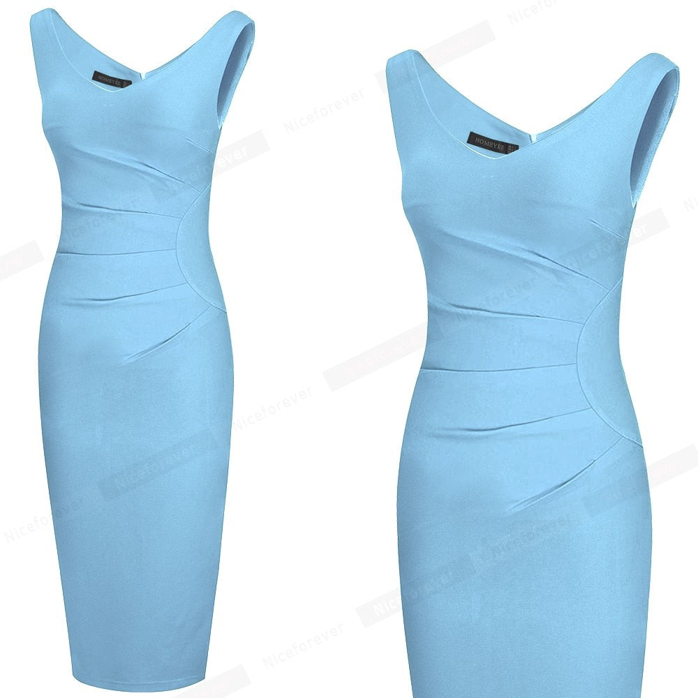 Women Vintage Solid Color Sexy Deep V Neck Dresses Formal Party Bodycon Slim Fitted Dress