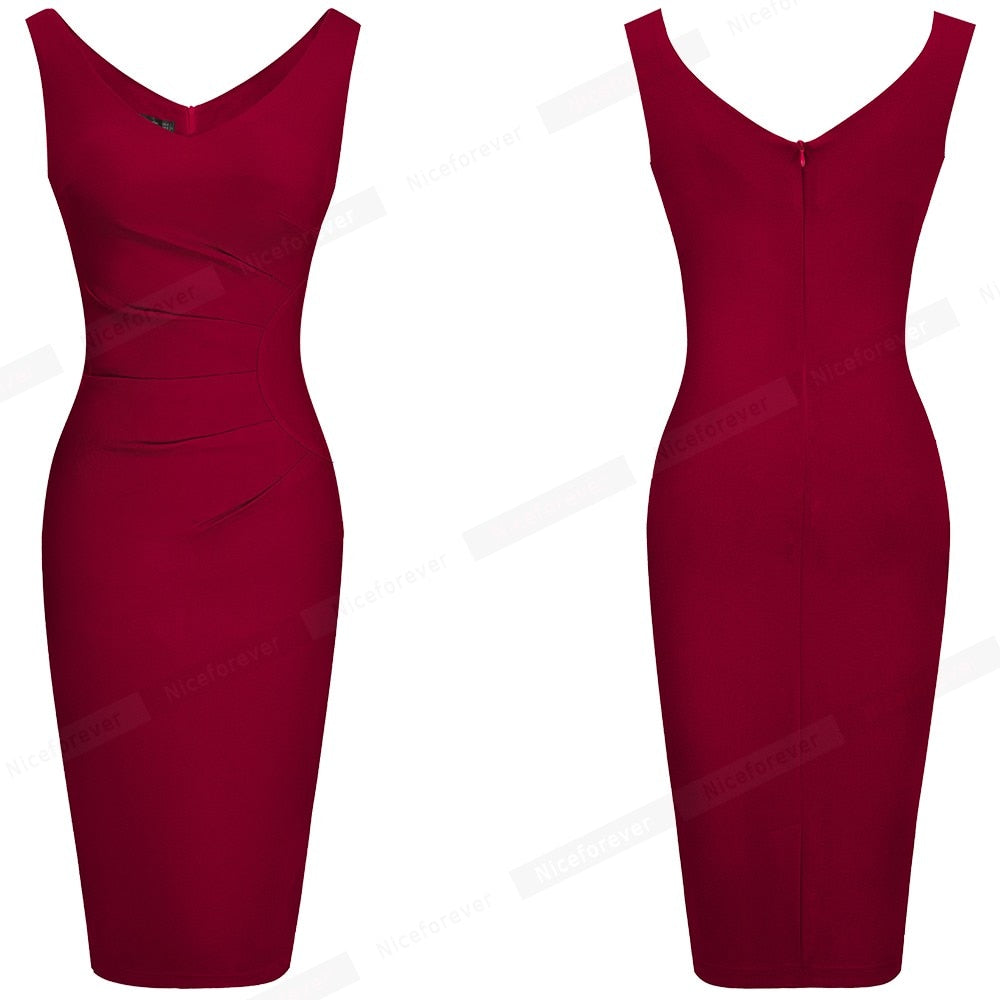 Women Vintage Solid Color Sexy Deep V Neck Dresses Formal Party Bodycon Slim Fitted Dress