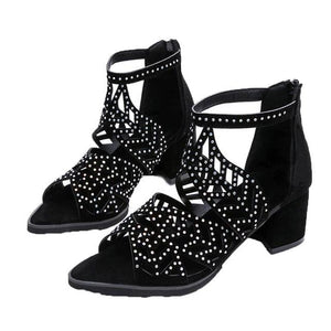 Women Hollow Out Faux Leather Rhinestones Thick Heel Zipper Sandals Shoes