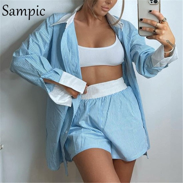 Sampic Loung Wear Tracksuit Women Shorts Set Stripe Long Sleeve Shirt Tops And Loose High Waisted Mini Shorts Two Piece Set
