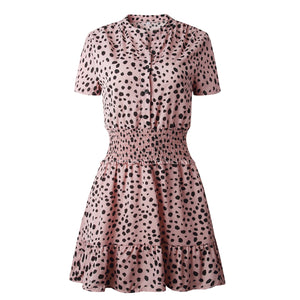 Women Leopard Casual Black Summer Ruffle Mini Dresses Buttons Ladies Waisted Fitted Clothing