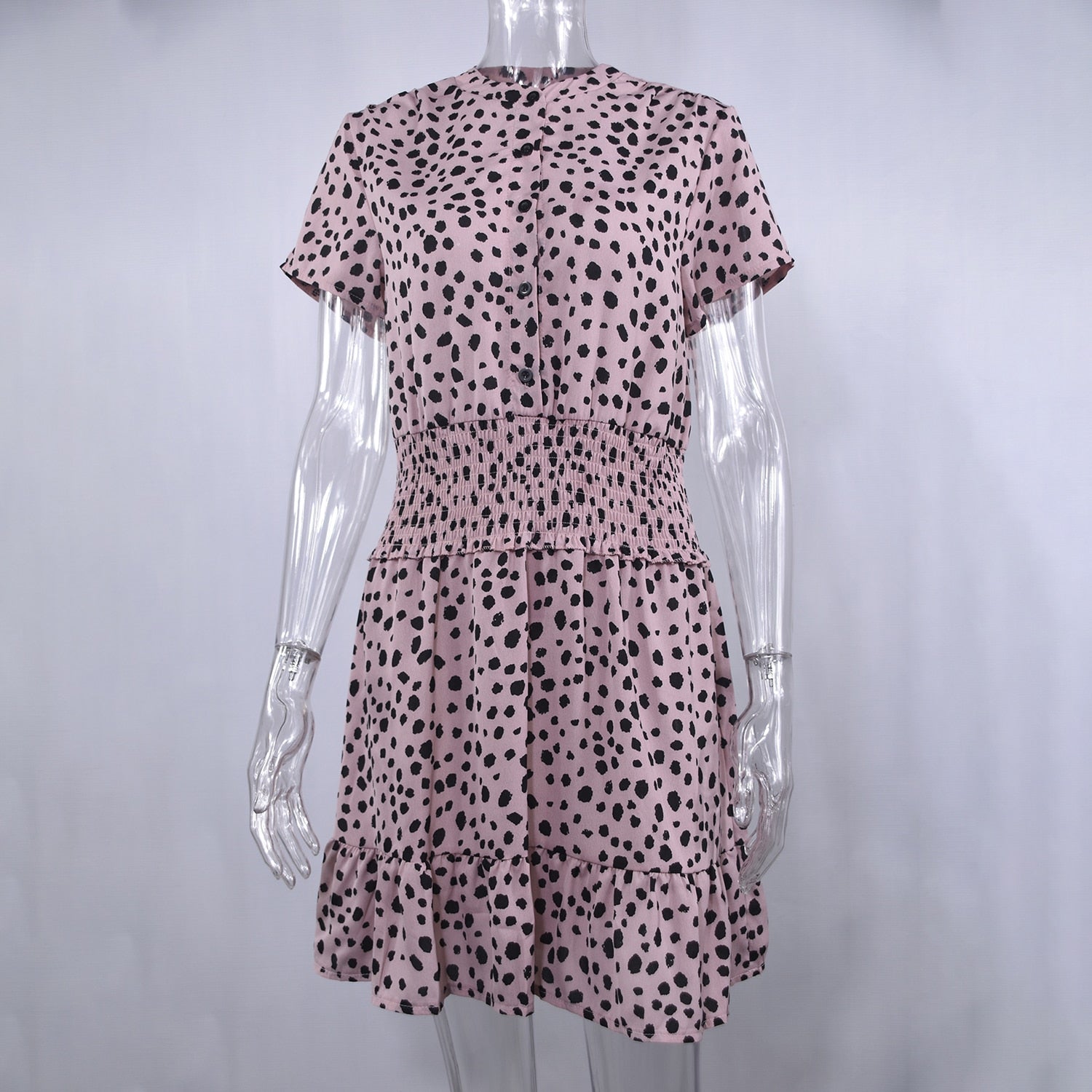 Women Leopard Casual Black Summer Ruffle Mini Dresses Buttons Ladies Waisted Fitted Clothing