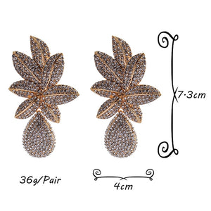 New Long Gold Metal Flower Drop Earrings Fully Studded With Crystals High-Quality Rhinestone Jewelry Accessories For Women