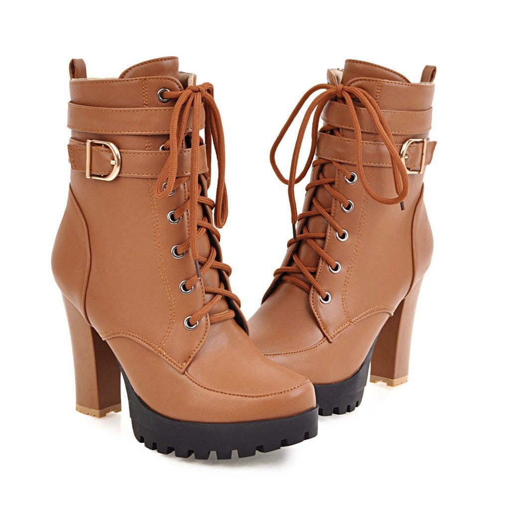 High Heels Women Ankle Boots Lace Up Fall Winter Platform Ladies Boots Large Size Fashion Shoes