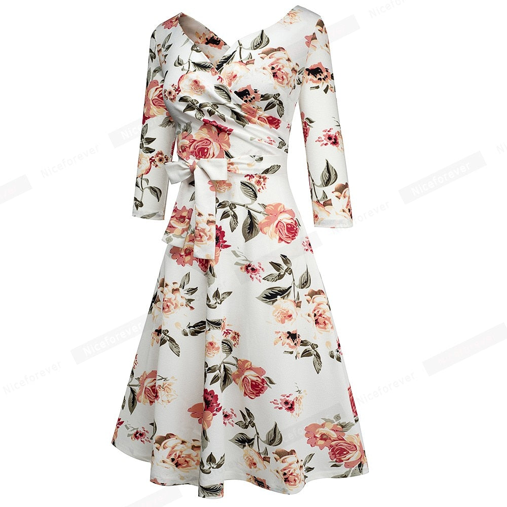 New Spring Pure Color with Sash Retro Dresses Cocktail Party Flare Swing Women Dress
