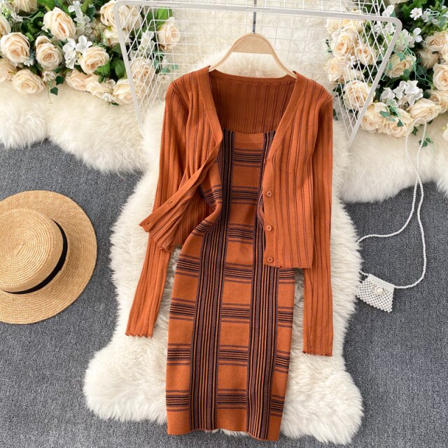 Solid Sweater Cardigan And Plaid Mini Camis Knit Dress Women's Knitted Two-piece Suit For Female