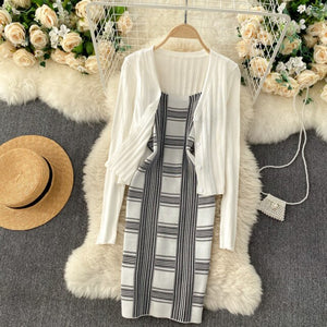 Solid Sweater Cardigan And Plaid Mini Camis Knit Dress Women's Knitted Two-piece Suit For Female